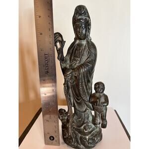 Late Ming Dynasty Bronze Guanyin & Child Chinese Figurine, Antique